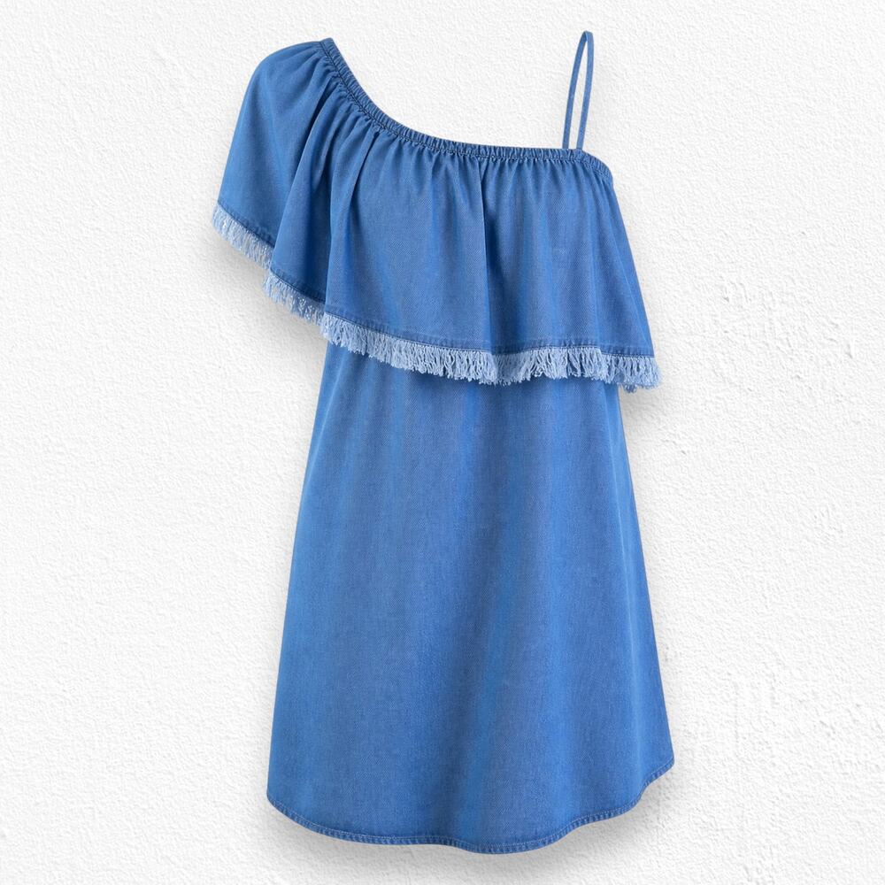 Splendid Indigo Blue Chambray One Shoulder Tencel Fringe Dress Size Large NWT